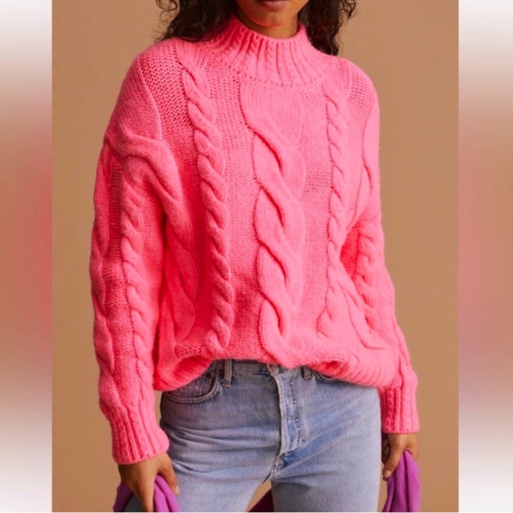 Anthropologie Bright Pink Cable Knit Turtleneck Sweater